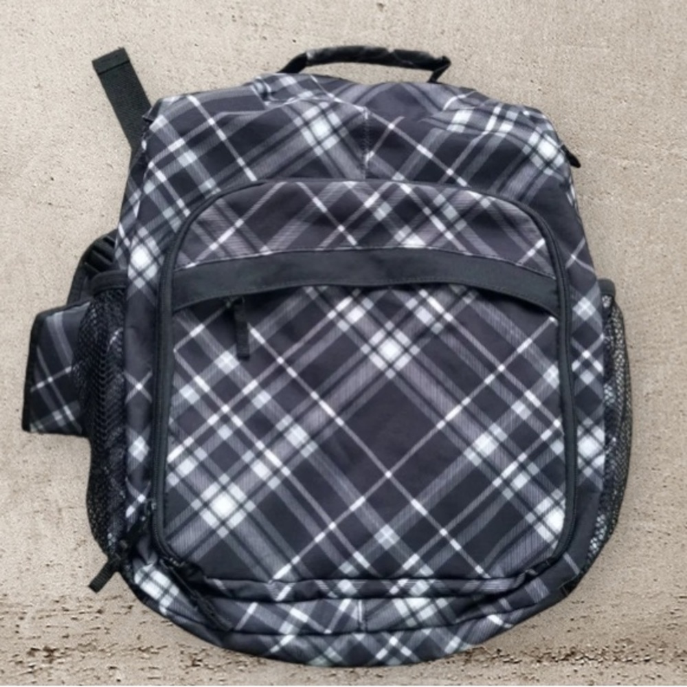 Thirty-One Sling Bag Crosshatch Grey & Black Plaid Travel Hiking Backpack